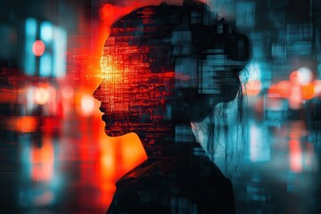 Cybernetic Human in Glowing Implants in Urban Setting