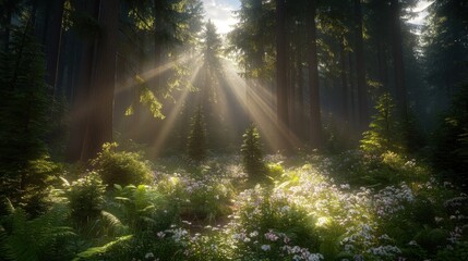 Naklejka premium Sunlight Filtering Through Forest Canopy in a Serene Woodland Clearing