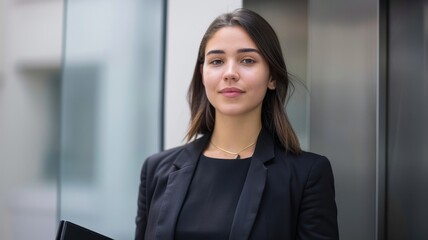 Fototapeta premium A confident young woman in a professional outfit stands outside a glass building, holding a folder and exuding a sense of professionalism and poise.