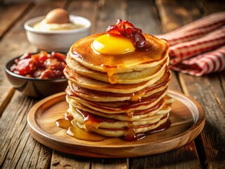 Panoramic Delicious Breakfast: Fluffy Pancakes, Crispy Bacon & Sunny Eggs