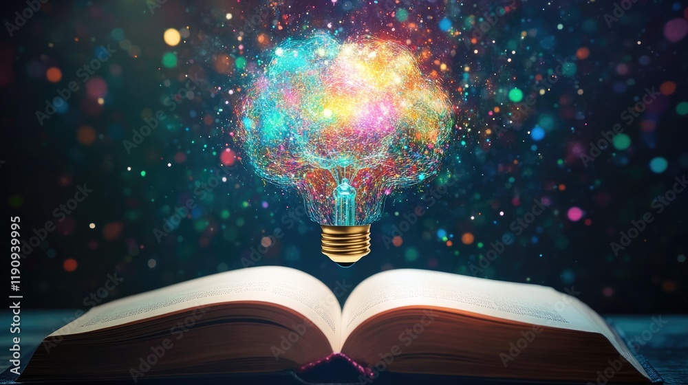 Poster A glowing multicolored brain-bulb hovers above an open book, representing the connection between knowledge, creativity, and enlightenment