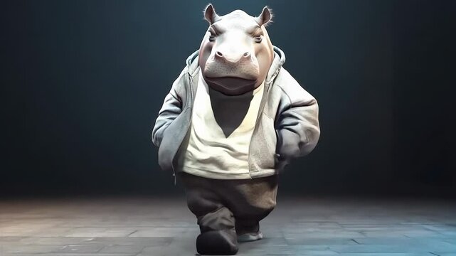 Animated Hippo in Hoodie Walking Forward with Swagger
