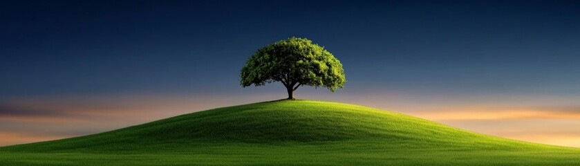 Fototapeta premium Solitary Tree on Hilltop: A single, lush green tree stands majestically atop a gentle, rolling hill against a dramatic twilight sky. The scene evokes serenity and contemplation. 