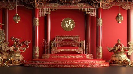 A grand 3D Chinese red podium stage with golden accents, featuring traditional patterns and opulent design, ideal for celebratory events and presentations