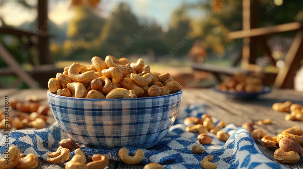 Poster a heartwarming image of a bowl filled with roasted cashews on a picnic table, surrounded by nuts and