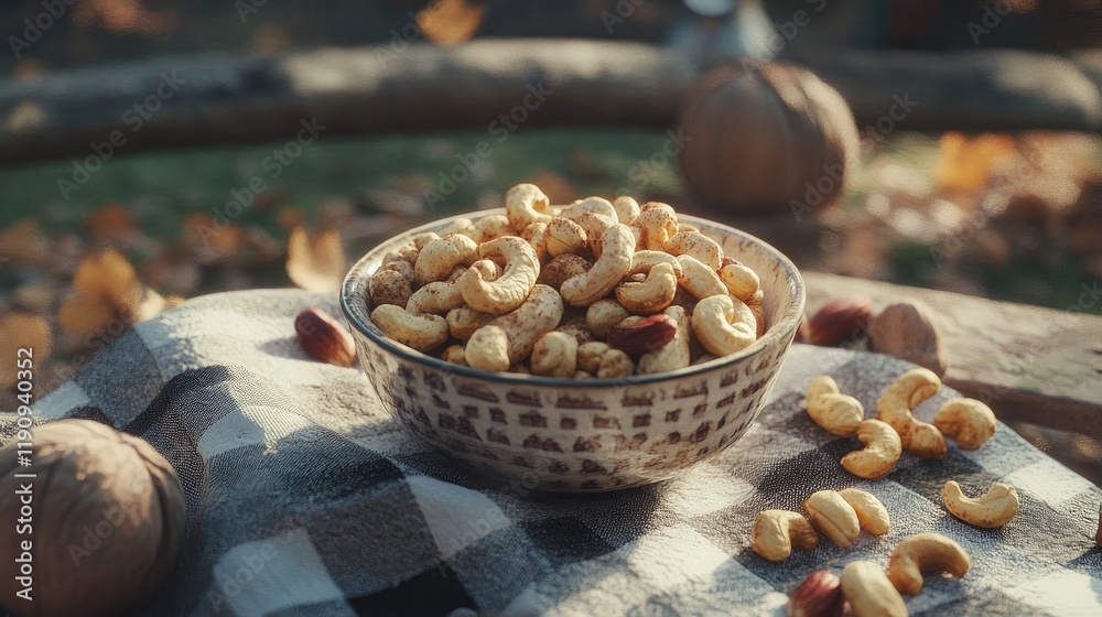 Poster a heartwarming image of a bowl filled with roasted cashews on a picnic table, surrounded by nuts and