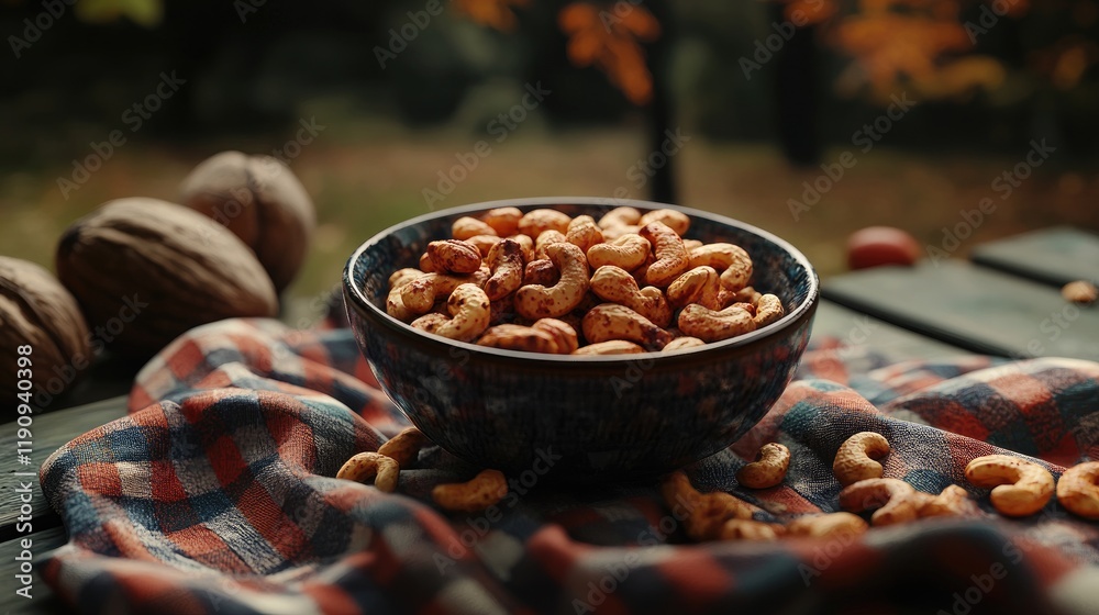 Poster a heartwarming image of a bowl filled with roasted cashews on a picnic table, surrounded by nuts and
