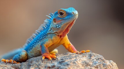 Obraz premium Vibrant lizard relaxing on a rock in a lush green environment