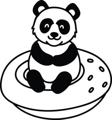 A panda sitting on a large donut silhouette vector art, A panda sitting on a large donut line art vector illustration