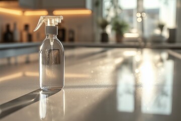 Shiny spray bottle on a spotless kitchen countertop reflecting sunlight