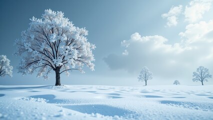 Fototapeta premium Close-up, eye-level shot of a serene snow-covered field with an icy, frosted tree on the left. Light blue sky adds to the tranquil winter wonderland ambiance