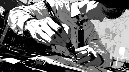 A digital artist creating comics on a drawing tablet, shown in black and white, with a stylus in hand.