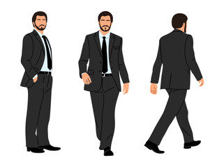 Obraz premium Businessman character in different poses. Handsome business man in formal suit standing, walking, front, back, side view. Vector flat illustration set isolated