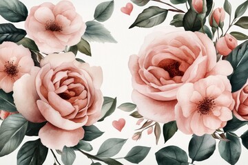 A delicate watercolor illustration of a love letter surrounded by roses and pink heart motifs, with soft blending hues