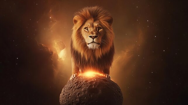 Astrological Leo depicted as a majestic cosmic lion standing atop a glowing asteroid