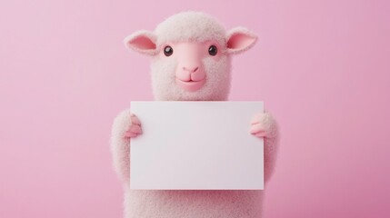 Obraz premium Gentle Lamb Holding Blank Paper in Soft Pastel Lavender Setting