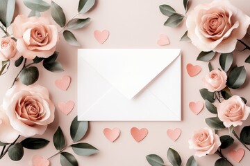 A delicate watercolor illustration of a love letter surrounded by roses and pink heart motifs, with soft blending hues