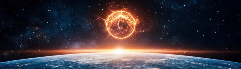 Astrological Leo symbol floating above a glowing cosmic horizon