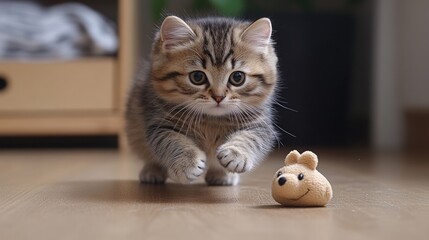 Adorable tabby kitten playing with a toy mouse on a wooden floor.
