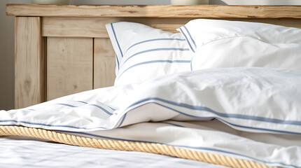 Calming Bedroom Interior: White and Blue Striped Bedding on Wooden Bed. Cozy and Serene Atmosphere for Restful Sleep.