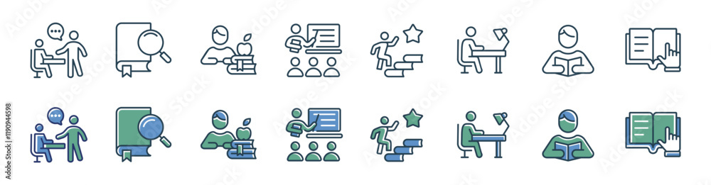 Aufkleber student study read and learn icon set education online learning course reading book research signs vector line illustration for web and app