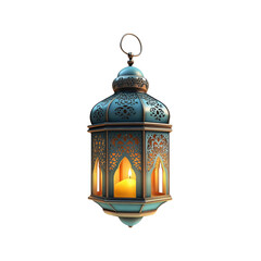Ornate Teal Lantern with Glowing Candle - Ramadan Decoration