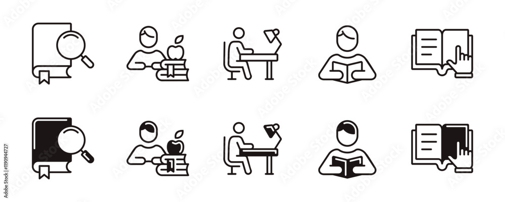 Aufkleber student study read and learn icon line set online education learning course reading book research si