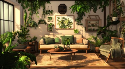 A Parisian-inspired biophilic bungalow featuring lush botanical decor, light wood accents, and a relaxed, comforting vibe, perfect for a tranquil and harmonious living space