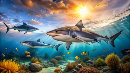 Obraz premium Panoramic Ocean Predator Landscape: Great White, Tiger & Bull Sharks
