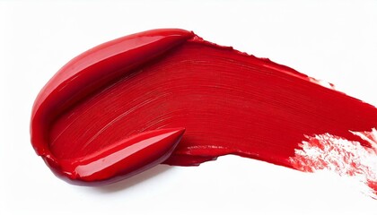 Red lipstick smear smudge swatch isolated on white background, cream makeup texture, color cosmetic product brush stroke swipe close up.