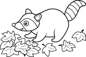 Adorable Cartoon Raccoon Autumn Leaves Coloring Page Illustration