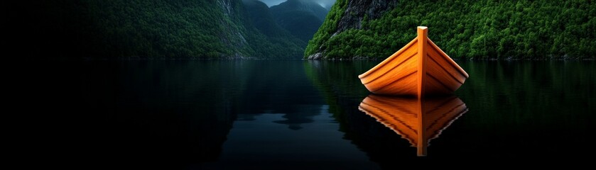 Serene Fjord Reflection: A lone wooden rowboat rests on the still, dark water of a fjord, its...