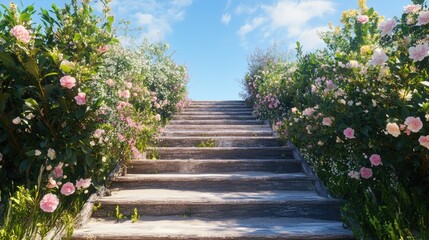 A peaceful rustic stairway flanked by blooming flowers, gently fading into a soft blue sky, evoking a sense of tranquility, peace, and the journey to something greater