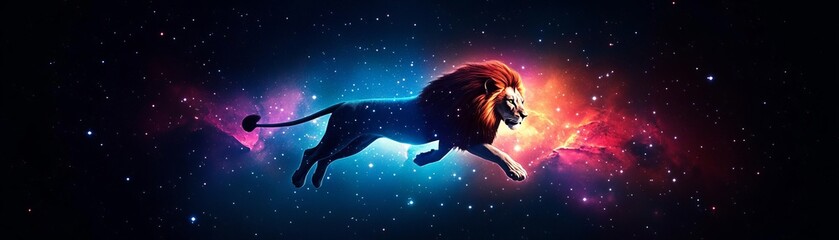 Celestial lion prowling through a vibrant interstellar landscape, surrounded by glowing stars