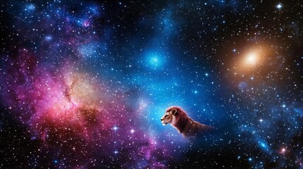 Obraz premium Celestial lion prowling through a radiant interstellar landscape of stars and galaxies