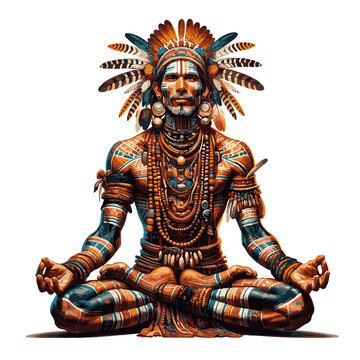 uomo tribale in meditazione in posizione di loto con collane e piume. Illustrazione etnica e spirituale. Generative AI