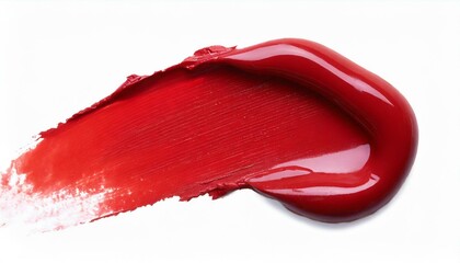 Red lipstick smear smudge swatch isolated on white background, cream makeup texture, color cosmetic product brush stroke swipe close up.