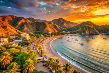 Fototapeta premium Panoramic Playa Grande, Taganga, Santa Marta, Colombia - December 27, 2008: Coastal Landscape Photography