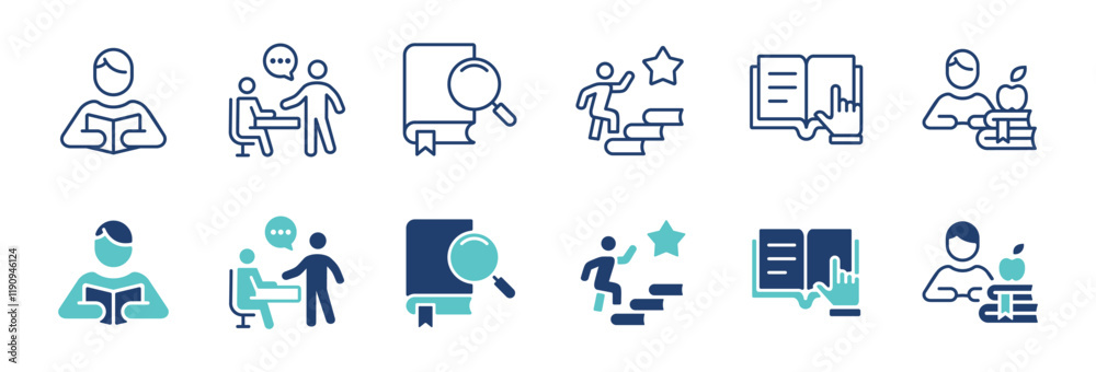 Aufkleber education study icon line set student read and learn online learning course reading book research ou