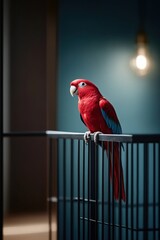 Bright red parrot perched on a cage in a stylish indoor setting during the evening light