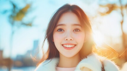Young Asian woman smiles brightly in a sunny park during winter, surrounded by colorful trees and soft light.