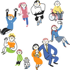 円を描いて集まる様々な年齢やライフスタイルを持つ人々　セットのストックイラスト素材
