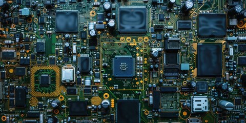 Close-up of a complex circuit board showcasing electronic components and connections.