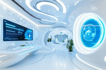 A futuristic veterinary clinic with robotic arms assisting in surgery, glowing monitors displaying diagnostics, and a calm pet under care