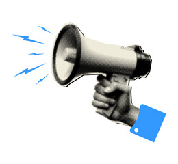 loudspeaker in hand in halftone style,collage magazine style,trendy collage design