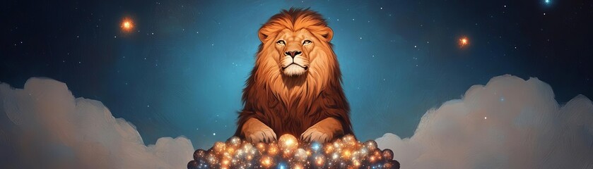Celestial lion seated on a throne of meteors, stardust glowing around its regal figure