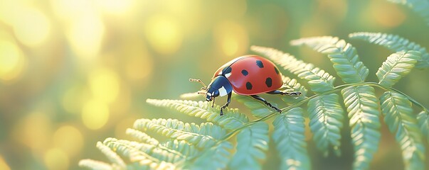 Ladybug resting on a sunlit fern leaf with soft-focus green and yellow tones in the background