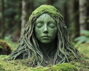 Obraz premium Statue of a woman in the forest, covered in moss, roots, and plants, representing the Guardian of Nature, dryad, fairy, spirit of the woods, mythical forest guardian