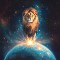 Naklejka premium Celestial lion standing atop a glowing blue planet, surrounded by orbiting stars