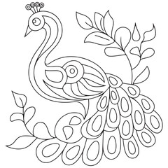 Peacock and ivy leaf hand drawn for adult coloring book